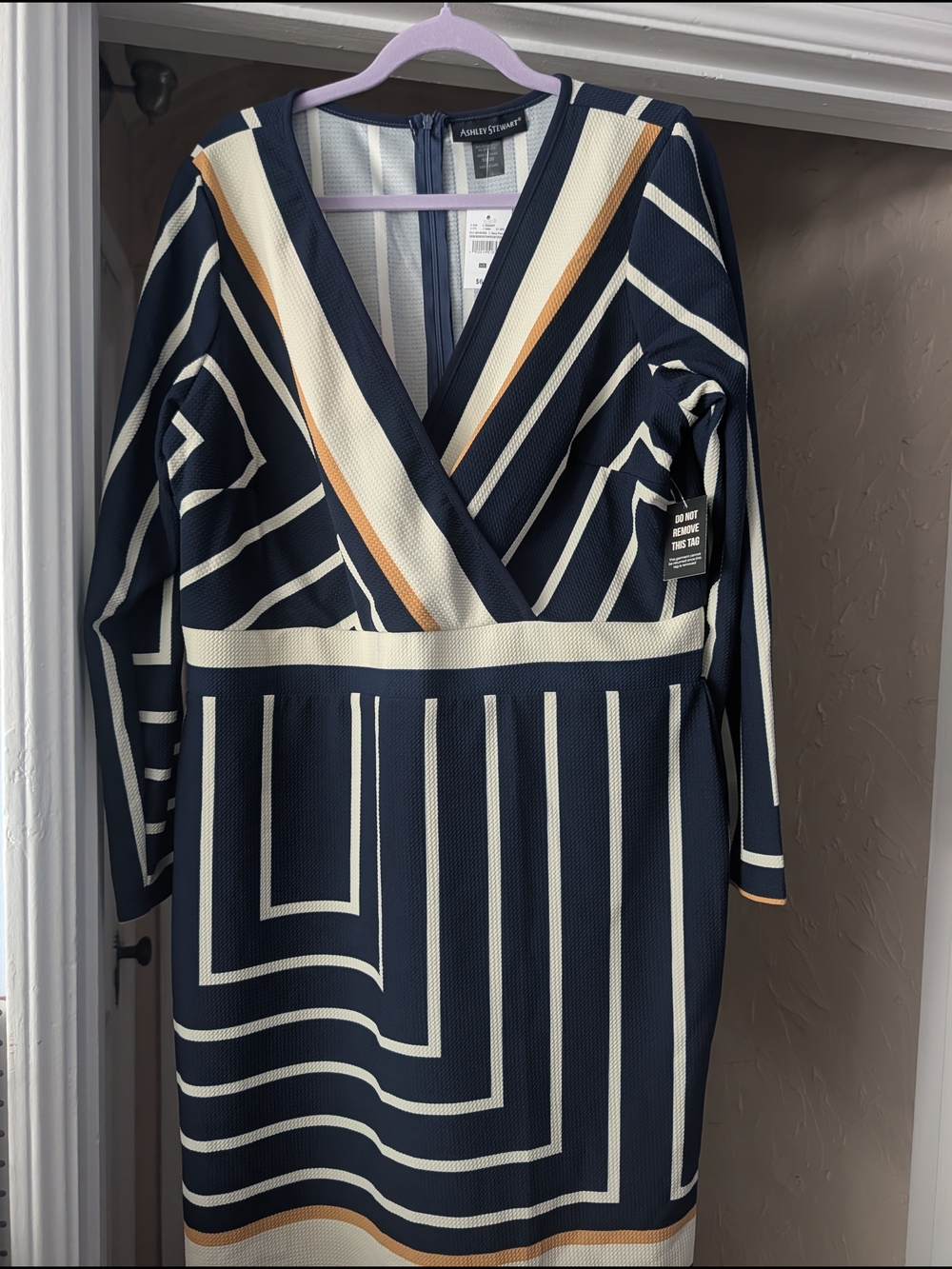 Ashley Stewart Navy Striped Wrap Dress with Cream & Tan Accents